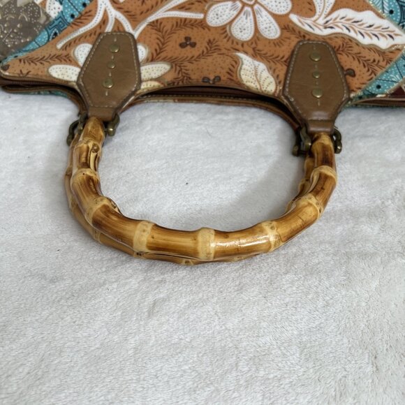 Relic Boho Patchwork Handbag With Bamboo Handles & Leather Accents Retro Style - Picture 6 of 15
